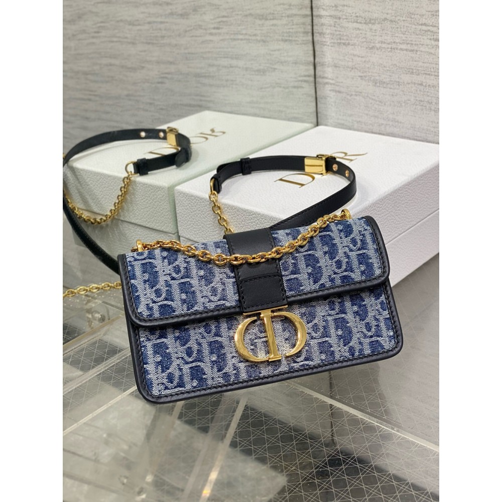 Dior 30 Montaigne East-West Bag With Chain in Blue Denim Oblique Jacquard CDBS2034