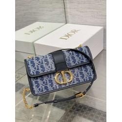 Dior 30 Montaigne East-West Bag With Chain in Blue Denim Oblique Jacquard CDBS2034