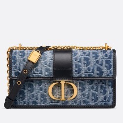 Dior 30 Montaigne East-West Bag With Chain in Blue Denim Oblique Jacquard CDBS2034