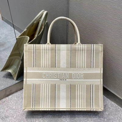 Dior Book Tote Bag In Beige Stripes Embroidery CDBS2090