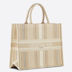 Dior Book Tote Bag In Beige Stripes Embroidery CDBS2090