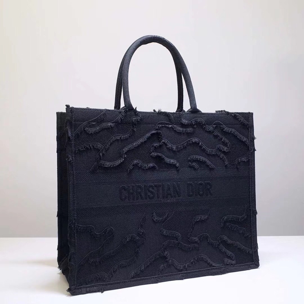 Dior Book Tote Bag In Black Camouflage Embroidered Canvas CDBS2091