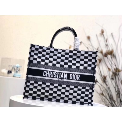 Dior Book Tote Bag In Black/White Checkered Canvas CDBS2230