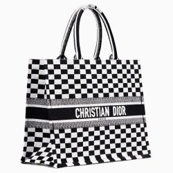 Dior Book Tote Bag In Black/White Checkered Canvas CDBS2230