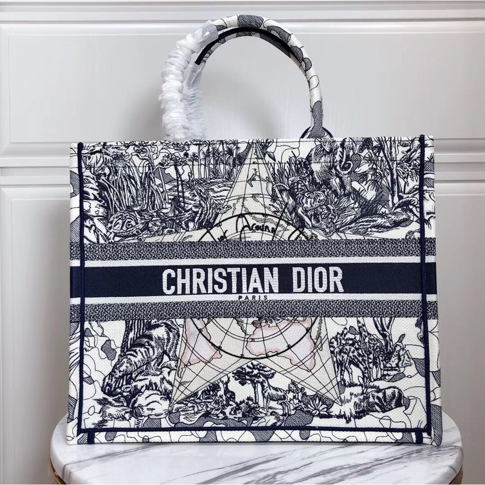 Dior Book Tote Bag In Blue Around The World Embroidered Canvas CDBS2093