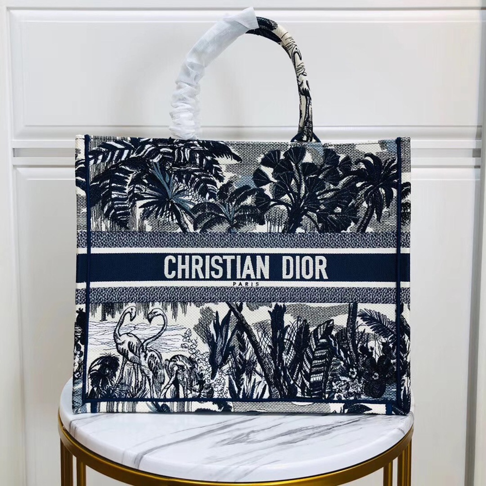 Dior Book Tote Bag In Blue Palm Tree Toile de Jouy Embroidery CDBS2099