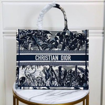 Dior Book Tote Bag In Blue Palm Tree Toile de Jouy Embroidery CDBS2099