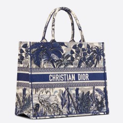 Dior Book Tote Bag In Blue Palm Tree Toile de Jouy Embroidery CDBS2099