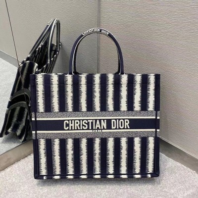 Dior Book Tote Bag In Blue Stripes Embroidery CDBS2100