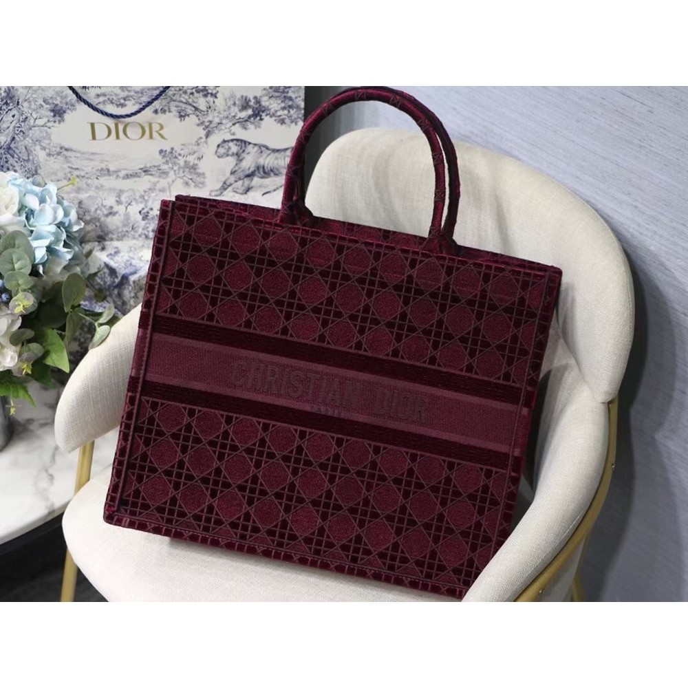 Dior Book Tote Bag In Bordeaux Cannage Embroidered Velvet CDBS2101