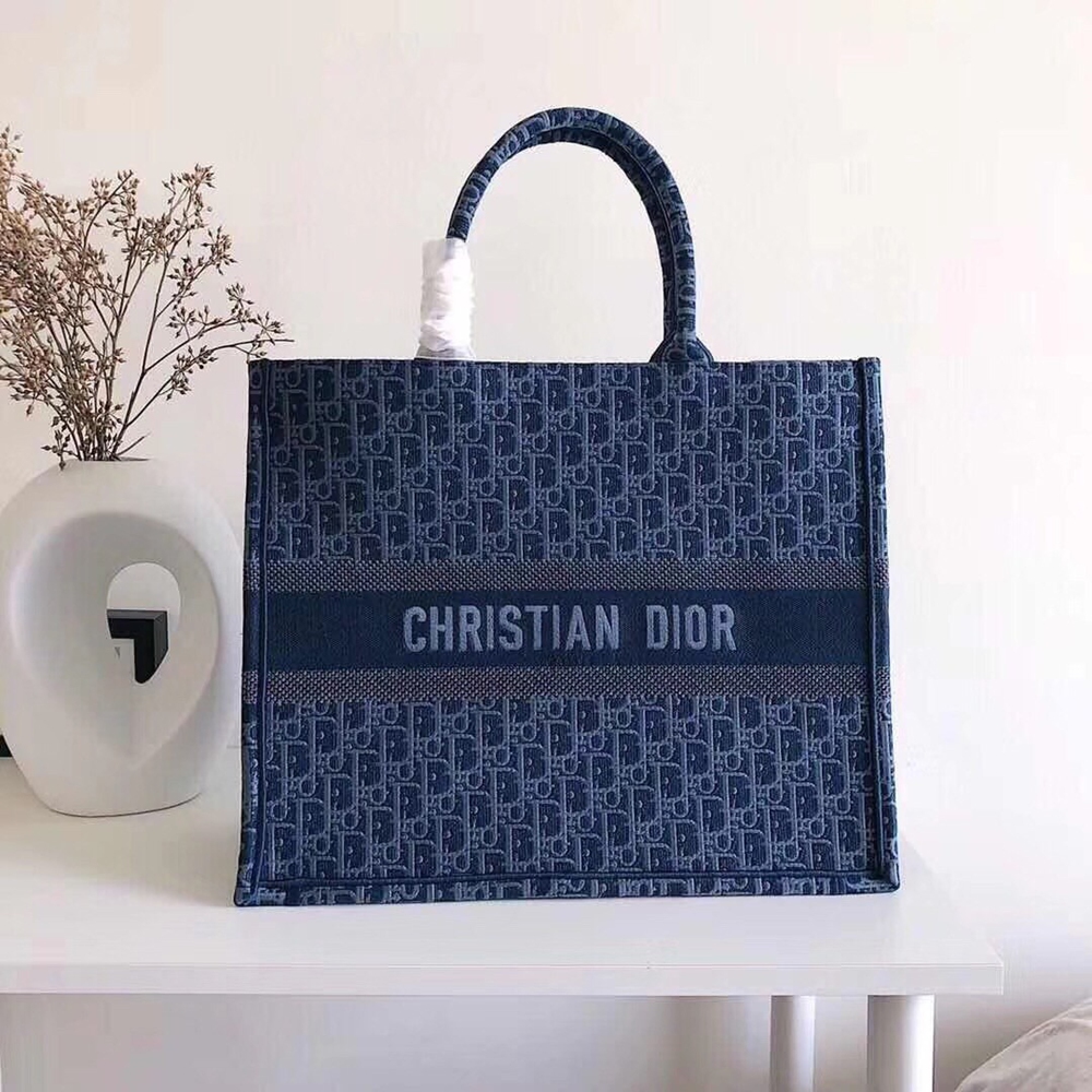 Dior Book Tote Bag In Denim Blue Oblique Canvas CDBS2133