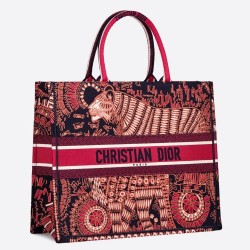 Dior Book Tote Bag In Fuchsia Animals Embroidered Canvas CDBS2106