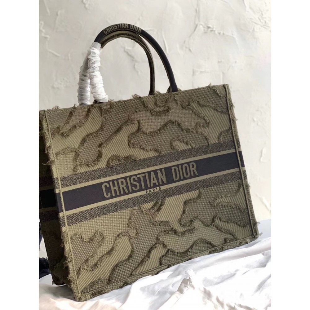 Dior Book Tote Bag In Green Camouflage Embroidered Canvas CDBS2108