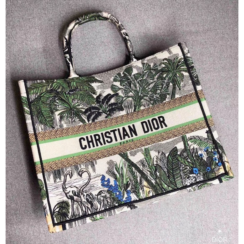 Dior Book Tote Bag In Green Toile De Jouy Tropicalia CDBS2110