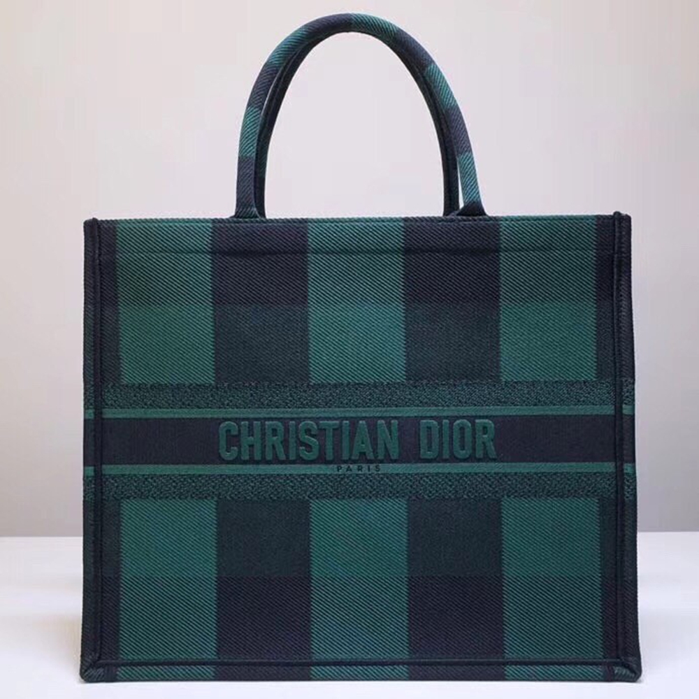 Dior Book Tote Bag In Green/Black Check Embroidered Canvas CDBS2107