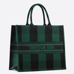 Dior Book Tote Bag In Green/Black Check Embroidered Canvas CDBS2107