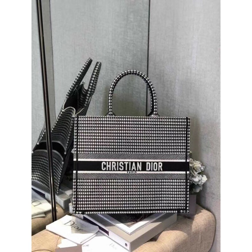 Dior Book Tote Bag In Houndstooth Embroidered Canvas CDBS2112