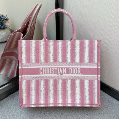 Dior Book Tote Bag In Pink D-Stripes Embroidery CDBS2124