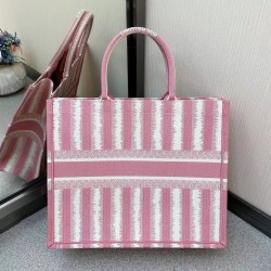 Dior Book Tote Bag In Pink D-Stripes Embroidery CDBS2124