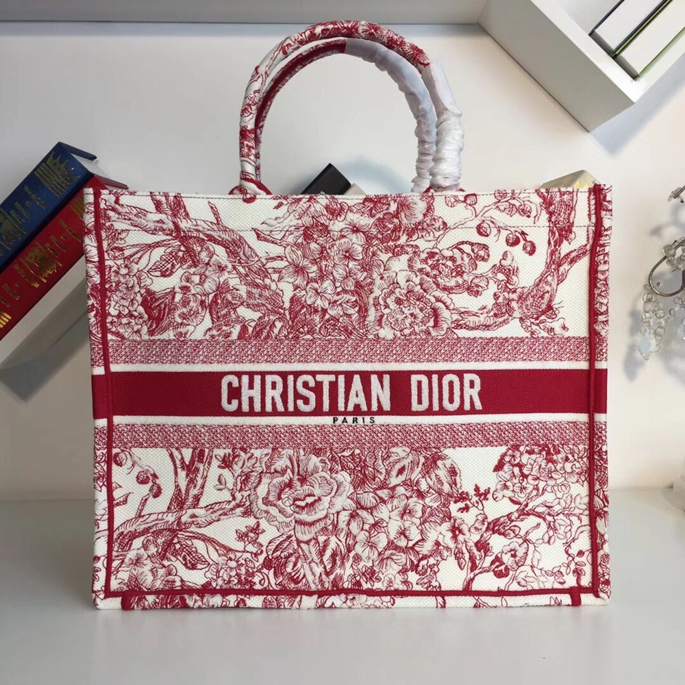 Dior Book Tote Bag In Red Hydrangea Flowers Canvas CDBS2114