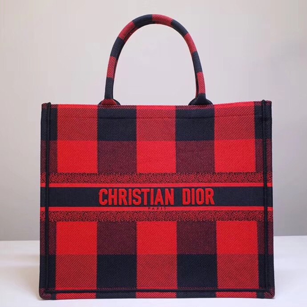 Dior Book Tote Bag In Red/Black Check Embroidered Canvas CDBS2125