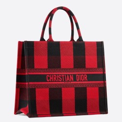 Dior Book Tote Bag In Red/Black Check Embroidered Canvas CDBS2125