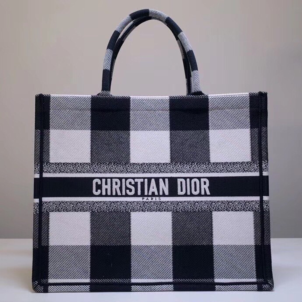 Dior Book Tote Bag In White/Black Check Embroidered Canvas CDBS2127