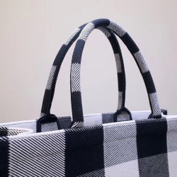 Dior Book Tote Bag In White/Black Check Embroidered Canvas CDBS2127