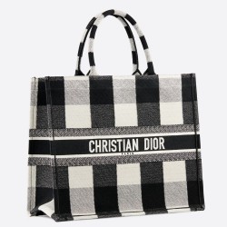 Dior Book Tote Bag In White/Black Check Embroidered Canvas CDBS2127