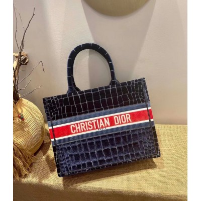 Dior Book Tote In Blue Crocodile-Effect Embroidered Velvet CDBS2132