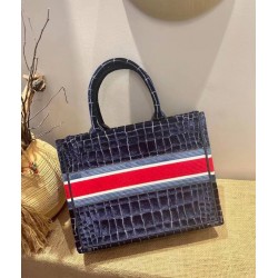 Dior Book Tote In Blue Crocodile-Effect Embroidered Velvet CDBS2132