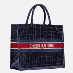 Dior Book Tote In Blue Crocodile-Effect Embroidered Velvet CDBS2132