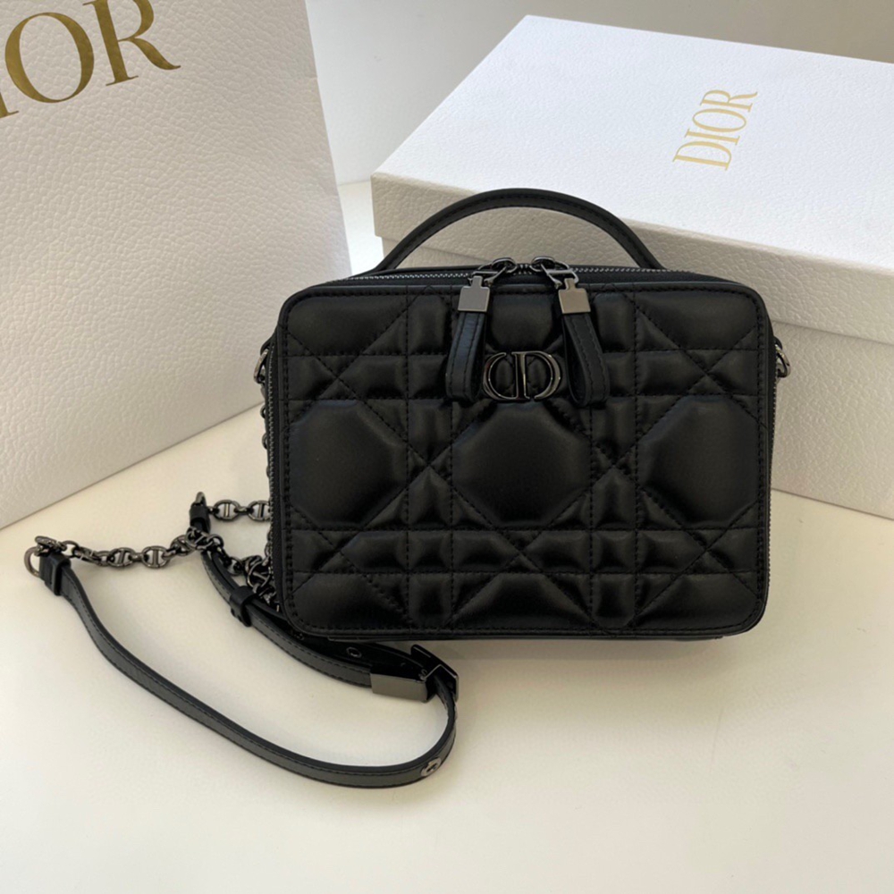 Dior Caro Box Bag With Chain in Black Macrocannage Calfskin CDBS2150