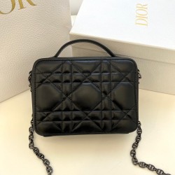 Dior Caro Box Bag With Chain in Black Macrocannage Calfskin CDBS2150