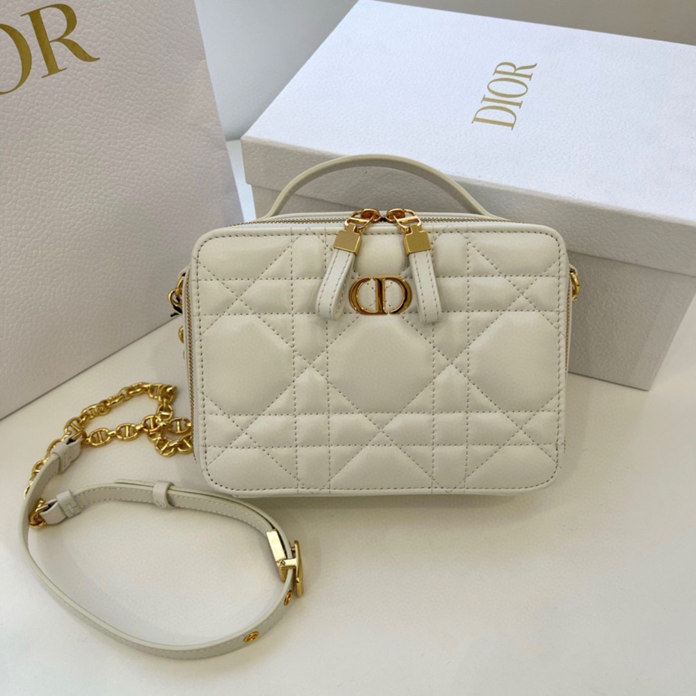 Dior Caro Box Bag With Chain in White Macrocannage Calfskin CDBS2151