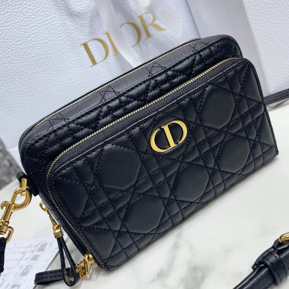 Dior Caro Double Pouch In Black Cannage Calfskin CDBS2154