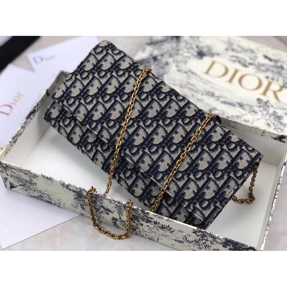 Dior Clutch Bag On Chain In Blue Oblique Canvas CDBS2181