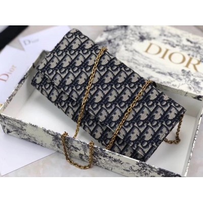 Dior Clutch Bag On Chain In Blue Oblique Canvas CDBS2181