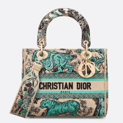 Dior Dioriviera Lady D-Lite Medium Bag in Raffia With Green Toile de Jouy Sauvage Embroidery CDBS2220