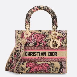 Dior Dioriviera Lady D-Lite Medium Bag in Raffia With Pink Toile de Jouy Sauvage Embroidery CDBS2222