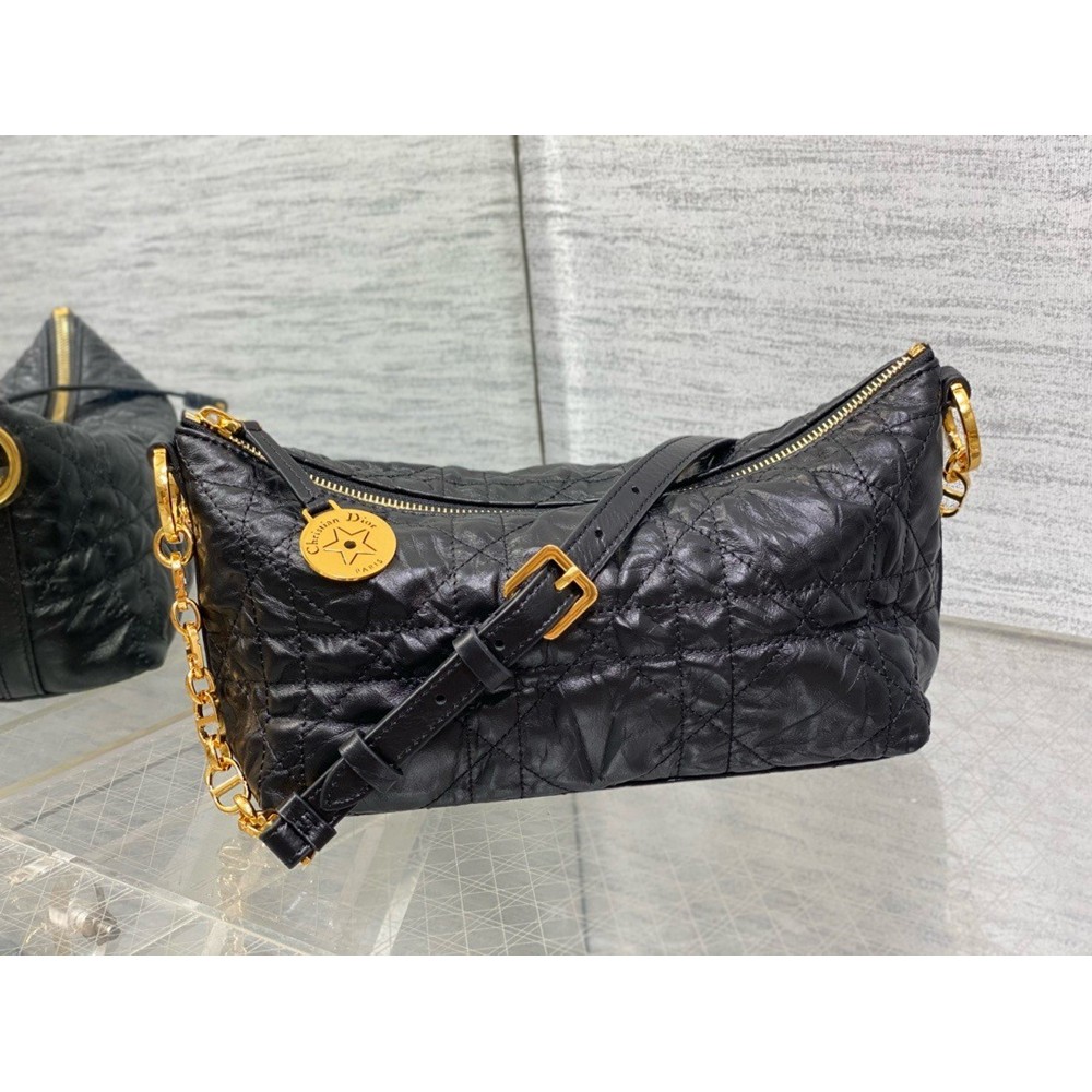 Dior Diorstar Hobo Bag With Chain in Black Crinkled Calfskin CDBS2225