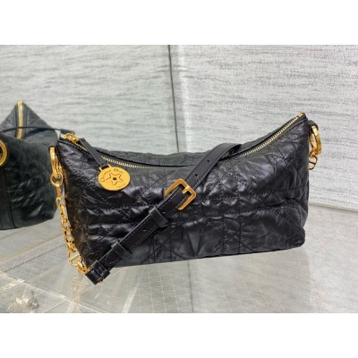 Dior Diorstar Hobo Bag With Chain in Black Crinkled Calfskin CDBS2225