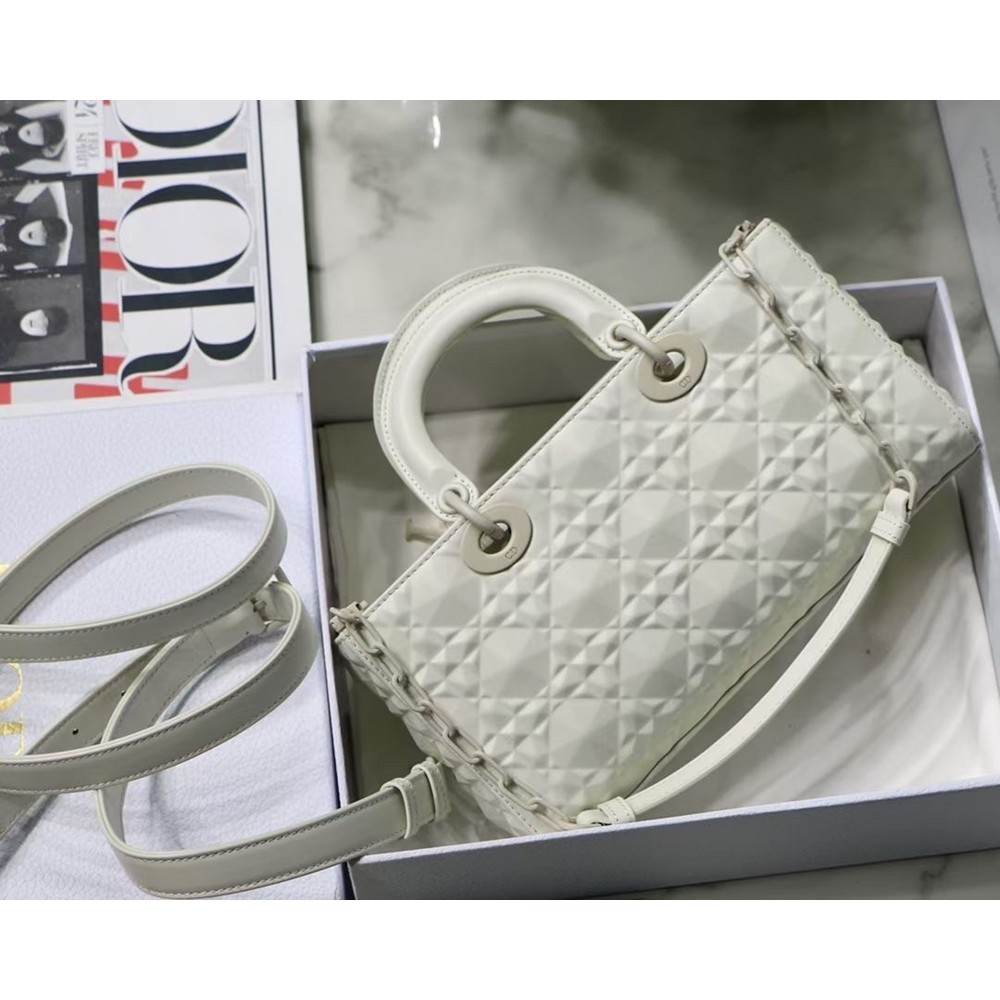 Dior Lady D-Joy Bag In White Calfskin With Diamond Motif CDBS2310