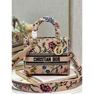 Dior Lady D-Lite Medium Bag In Beige Raffia Embroidered With Dior Petites Fleurs CDBS2331