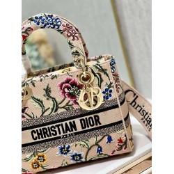 Dior Lady D-Lite Medium Bag In Beige Raffia Embroidered With Dior Petites Fleurs CDBS2331