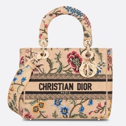 Dior Lady D-Lite Medium Bag In Beige Raffia Embroidered With Dior Petites Fleurs CDBS2331