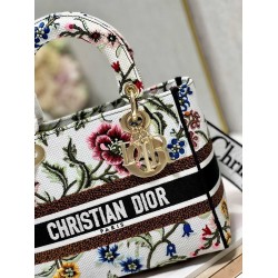 Dior Lady D-Lite Medium Bag In White Dior Petites Fleurs Embroidery CDBS2336