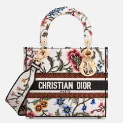 Dior Lady D-Lite Medium Bag In White Dior Petites Fleurs Embroidery CDBS2336