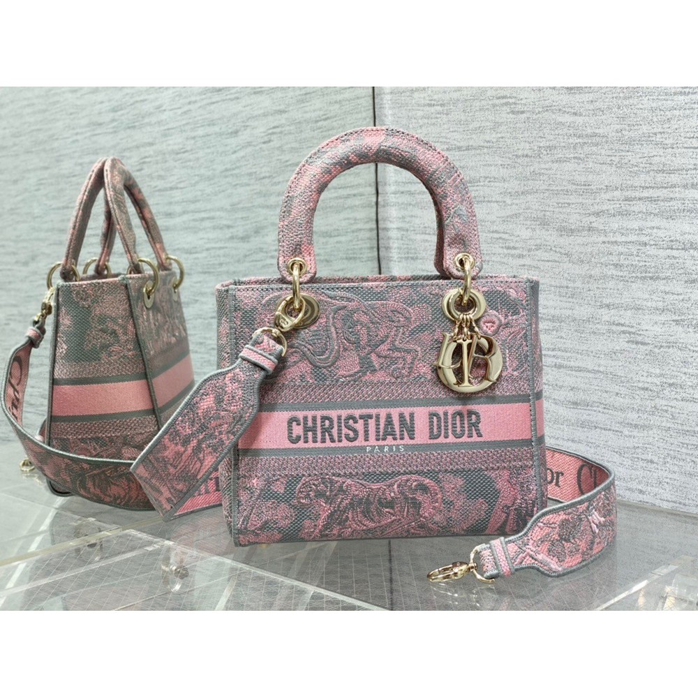 Dior Lady D-Lite Medium Bag in Grey and Pink Toile de Jouy Reverse Embroidery CDBS2334