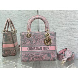 Dior Lady D-Lite Medium Bag in Grey and Pink Toile de Jouy Reverse Embroidery CDBS2334